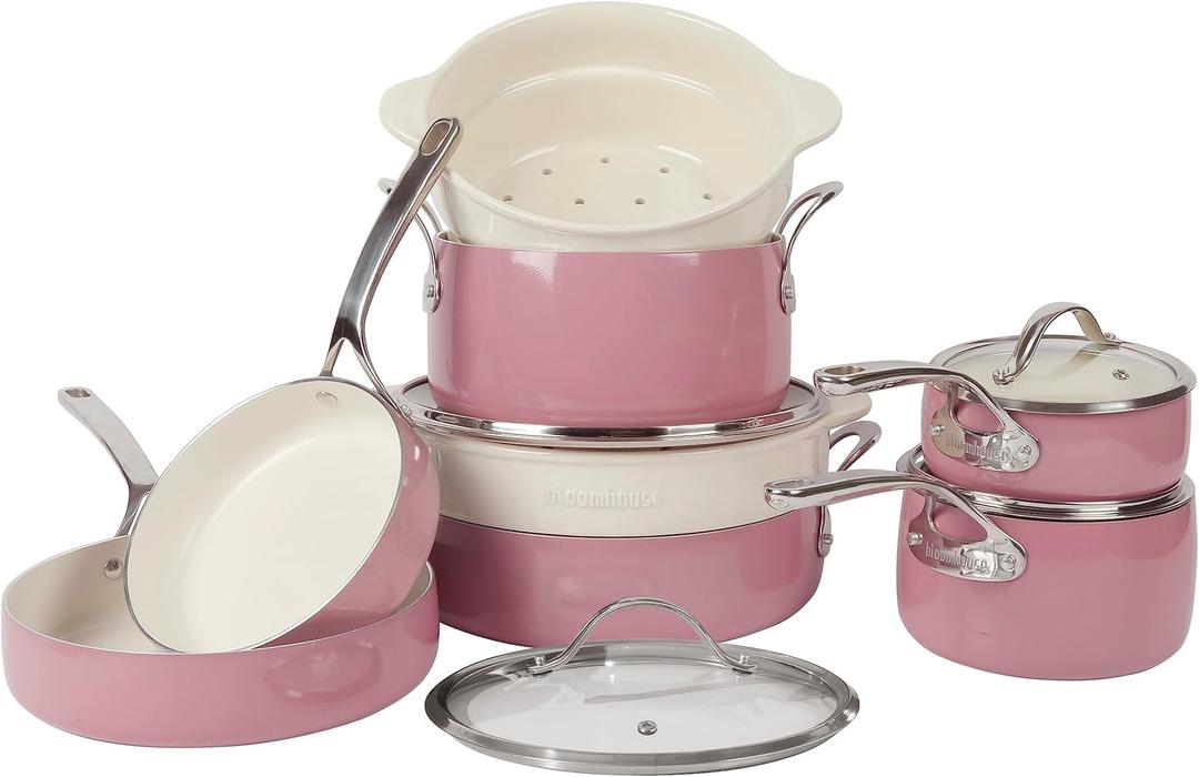 Bloomhouse 12 Piece Aluminum Pots and Pans Cookware Set w/Non-toxic Ceramic Non-stick, Ceramic Steamer Insert, & 12 Protective Care Bags - Pink Orchid