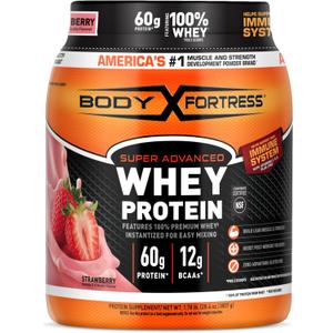 Body Fortress Super Advanced Whey Protein Powder, Strawberry, Immune Support (1), Vitamins C & D Plus Zinc, 1.78 lbs BBD: 09/07/2028