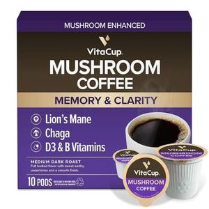VitaCup Mushroom Coffee Pods, with Lions Mane for Memory & Clarity, 10ct BB 12/19/27