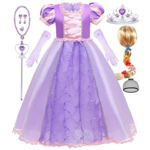 Luzlen Purple Princess Costume for Girls Kids Dress up Outfit with Wig Halloween Birthday Party, 4-5 Years(Label 120)