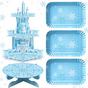 Zopeal 5 Pcs Snowflake Cupcake Stands Party Decorations 3 Tiers Blue Castle Cupcake Stand 1 Tier Snowflake Cake Holder 3 Pcs Winter Snow Cake Serving Trays for Birthday Princess Party Supplies