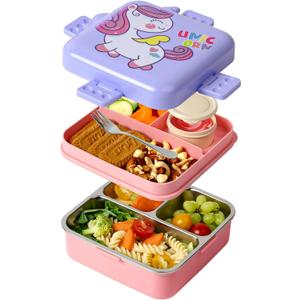 Freshmage Stainless Steel Double-Layer Bento Box Container with 3 Compartments, Large Capacity Leakproof and BPA Free Bento Lunch Box, Durable,Drop-Proof, Dishwasher Safe, Pink, 8.26*8.14*4.01in