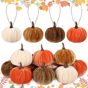 12 Pcs Thanksgiving Pumpkin Hanging Ornament 2 Inches Velvet Thanksgiving Fall Tree Decorations Fabric Small Tree Decorations for Farmhouse Harvest Autumn Home Party Decor(Neutral) (Classic Colors)