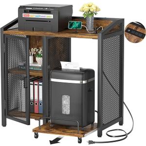 3-Tier Lateral Office Filing Cabinets with Socket and USB Charging Port, Modern Printer Stand and Paper Shredder Stand Rack with Wheels and Open Storage Shelves for Home Office, Rustic Brown