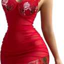 Sexy Mini Floral Embroidery Ruched Bodycon Mesh Sheer Babydoll Lingerie Dress Set with Thong 2 Piece Outfit (Large, Underwire Red)