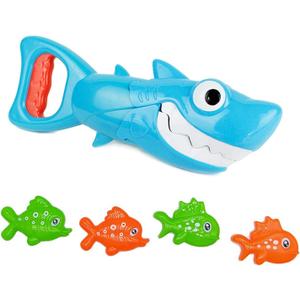 INvench Shark Grabber Baby Bath Toys - Blue Shark with Teeth Biting Action Include 4 Toy Fish - Bath Toys for Kids Ages 4-8 Boys Girls Toddlers Pool Toys