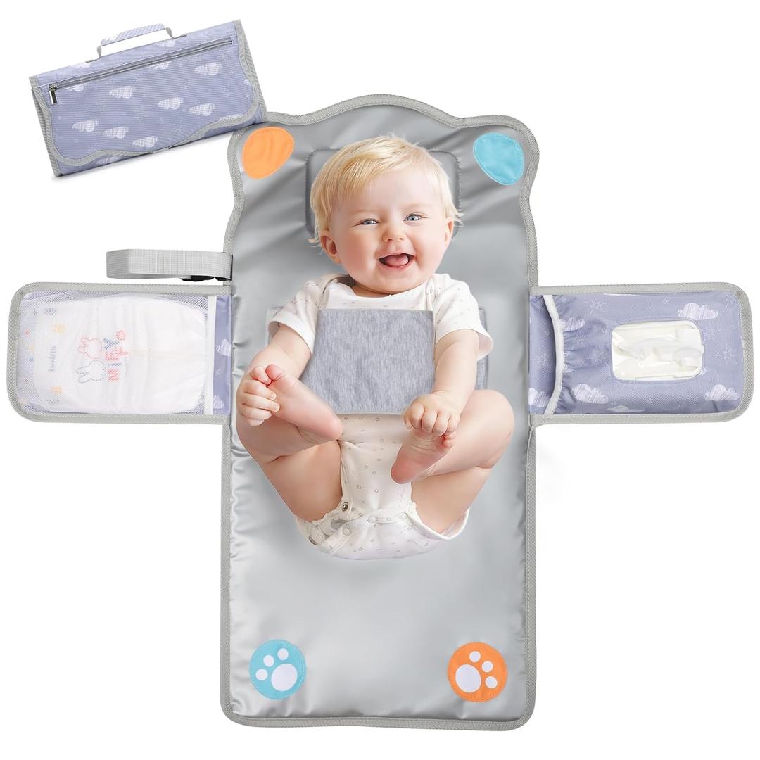 Anti Roll Diaper Changing Pad Mat with Swaddle Strap 3-in-1 Portable Waterproof Foldable Travel Station Built-in Pillow, Wipes Holder, Storage Pockets, Shower Gift for Newborns Girls,Boys