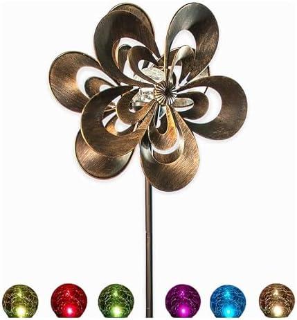 SteadyDoggie Wind Spinner - Garden Decor Spinners with Solar Powered Multi-Color LED Glass Ball Light - Dual Direction Kinetic Metal Copper Bronze Windspinners 6ft Tall Flower Sculptures for Outdoor