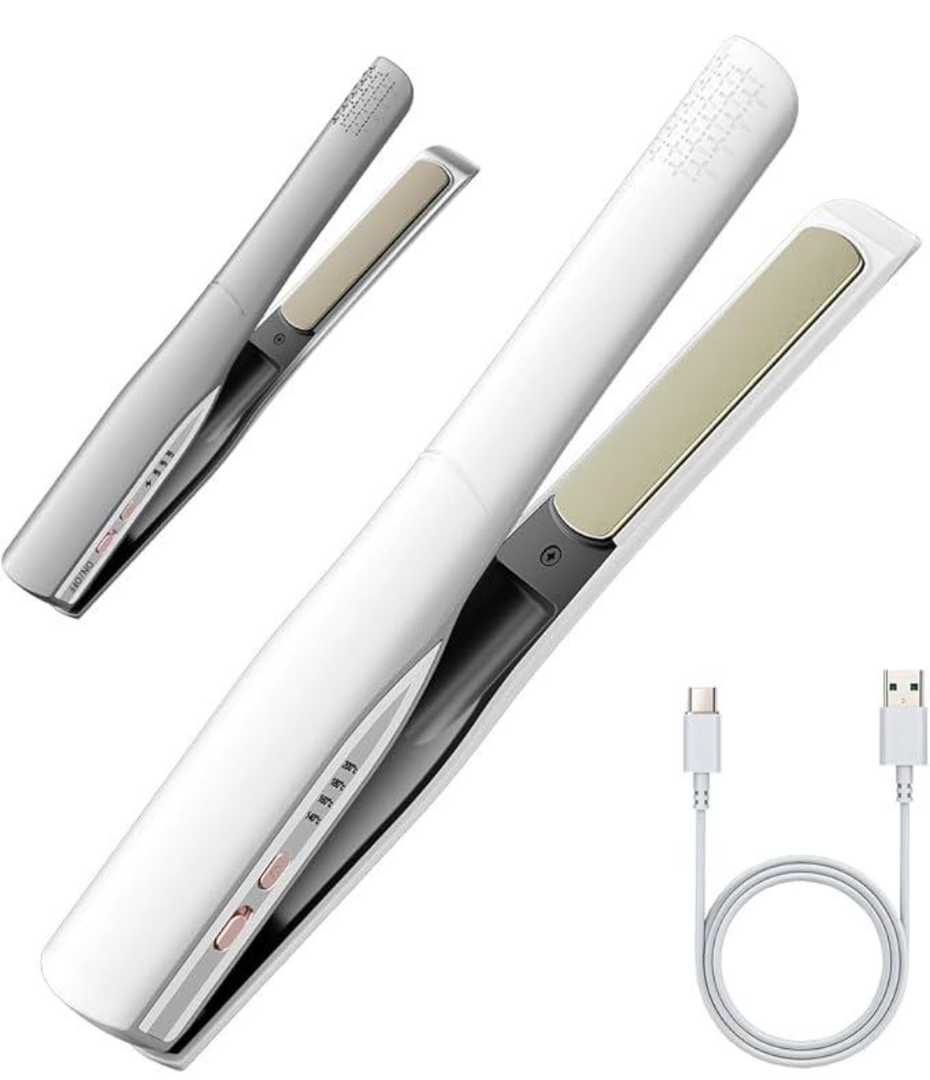 Cordless Hair Straightener and Curler 2 in 1, Fast Heating Cordless Flat Iron, UltraLight Portable Straightener for On The Go, AntiScald Design with USBC Charging& Negative Ion (Milky White)