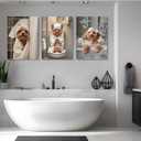 Framed 3Pcs Funny Bathroom Wall Art Dog Playing Phone on Toilet and Taking Bath in Bathroom Pictures Posters Cute Pet Canvas Prints Wall Decor for Dog Lovers Bathroom and Laundry Room Decoration