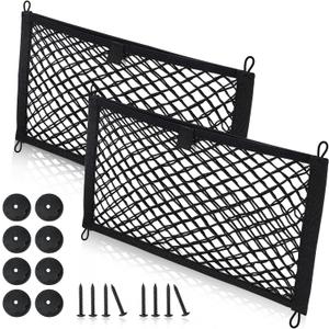 Universal Mesh Cargo Net for Car Trunk Storage,2 Pack Elastic Small Cargo Net Pocket Organizer Pouch Bag,Stretchable Automotive Cargo Nets with 8 Pieces Mounting Screws and Hooks for RV,SUV,Boats,Home (17.7 x 9.8 inch)