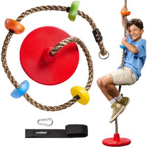 LGENDARY Tree Swing for Kids - Single Disk Outdoor Climbing Rope with Platforms, Carabiner & 2.6 Ft Tree Strap - Playground Accessories - Multicolored