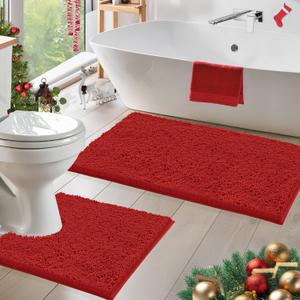 Christmas Luxury Chenille Bathroom Rugs - 2-Piece Set, Soft Plush Anti-Slip Bath Rug + U-Shaped Toilet Mat, Microfiber Shaggy, Super Absorbent - 36''x24'' + 24''x20'', Red