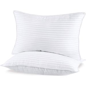 Sherwood Queen Size Cotton Pillow Set, 2 Pack Down Alternative Fiberfill Hotel Pillows for Sleeping (White Strips, Queen 20x30 inches)