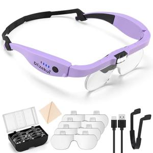 Dilzekui Magnifying Glass with Light 1.5X to 5.0X, Rechargeable Magnifying Glasses Head Magnifier, Lighted Magnify Glass with 4 Detachable Lenses, Magnifier Headset for Close Work Hobbies Jewelry