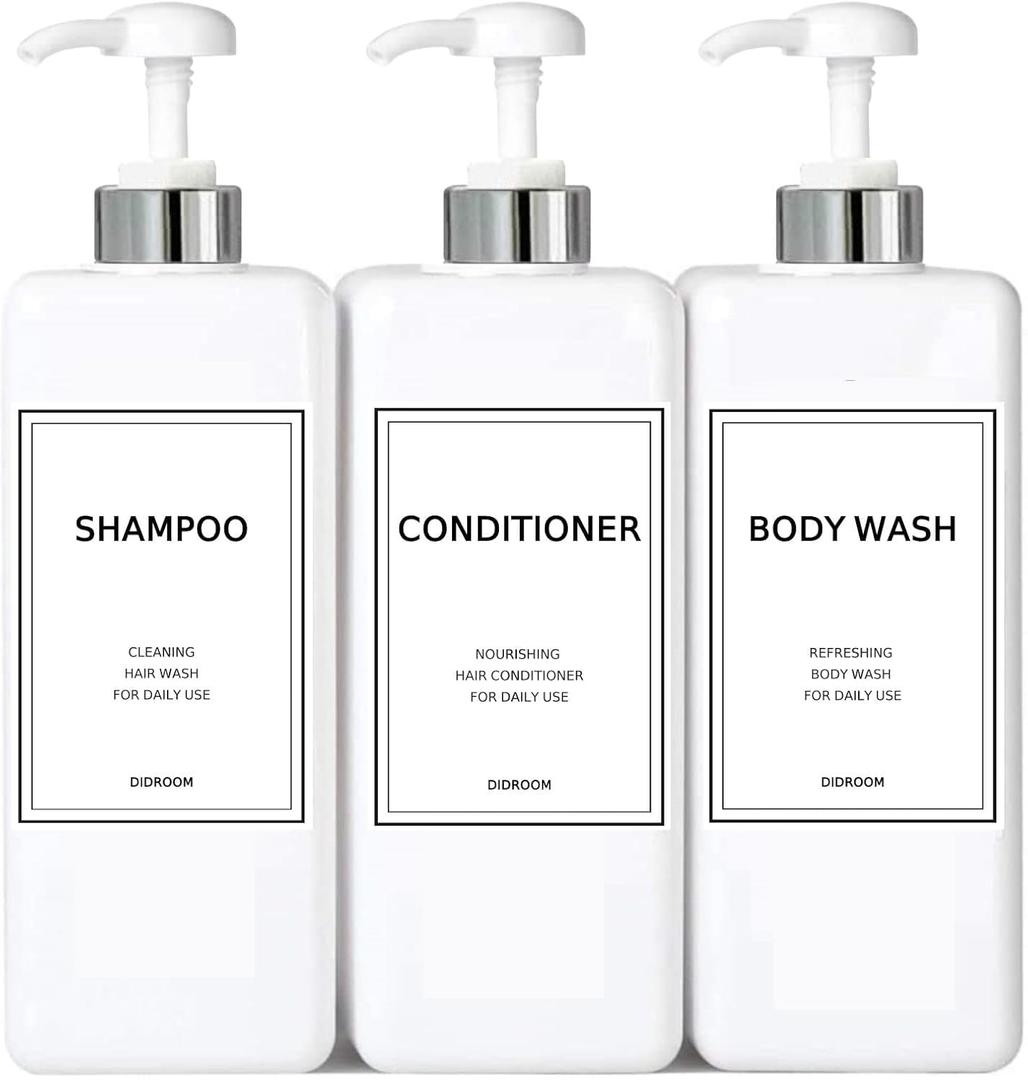 Modern Silver Shampoo and Conditioner Dispenser (21 oz, Pack of 3) Refillable Pump Bottle Set Empty Shower Plastic Bottles with Pump for Bathroom Body Wash Soap and Shower (Sliver&white)
