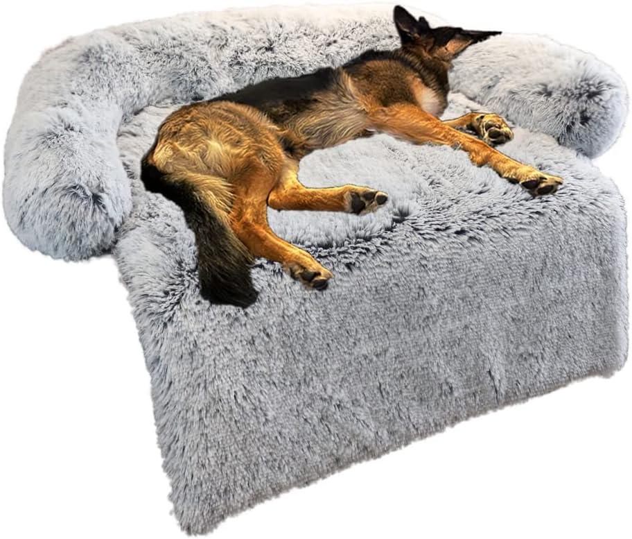 Calming Dog Bed Fluffy Plush Dog Mat for Furniture Protector with Removable Washable Cover for Large Medium Small Dogs and Cats (Large, Light Grey) (45.0"L x 37.0"W x 6.0"Th)
