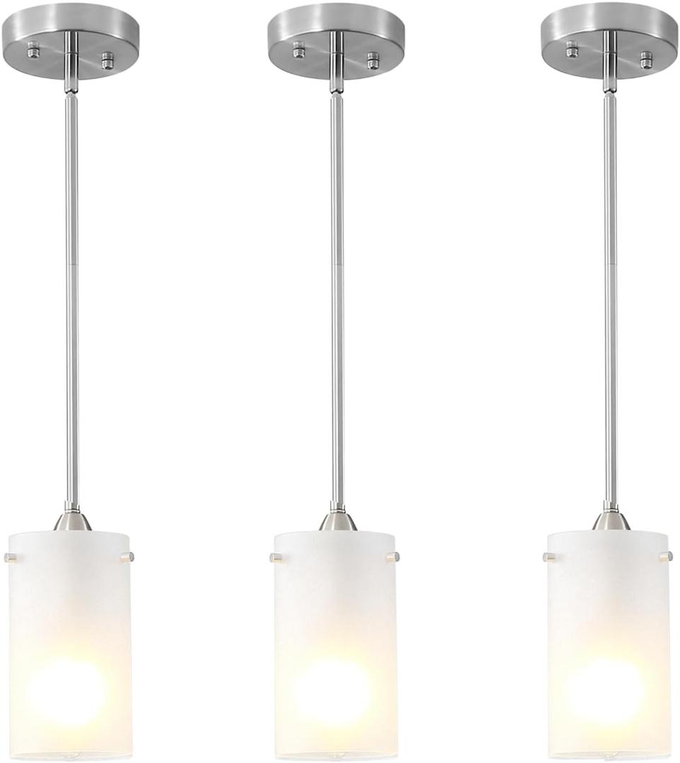 Mini Pendant Light Fixture 1-Light, 3 Pack Brushed Nickel Hanging Ceiling Lights with Opal White Glass, Adjustable Height, Modern Hanging Pendant Lamp for Kitchen Island