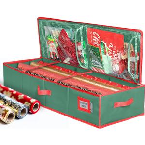 HOLDN STORAGE Premium Wrapping Paper Storage Container - Durable 600D Tear-Proof, Fits 27 Rolls Gift Wrap, Extra Pockets for Ribbons & Bows, Underbed Storage - Ideal for Holiday Christmas, Green