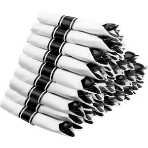 Supernal 60 Pack Hevy Duty Rolled Black Plastic Silverware,Pre Wrapped Cutlery with Napkins, Rolled Plastic Forks and Spoons, Black Disposable Silverware Suit for Party, Birthday