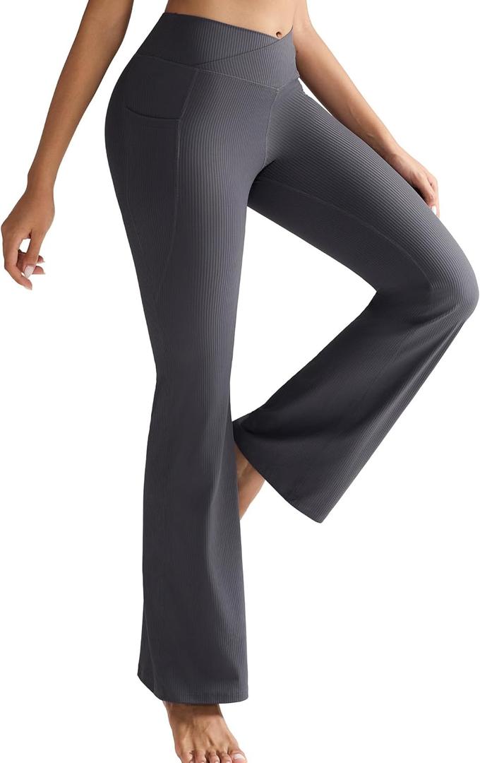 RUNNING GIRL Womens Ribbed V Crossover High Waist Yoga Pants Flare Leggings for Women with Side Pockets (XL)