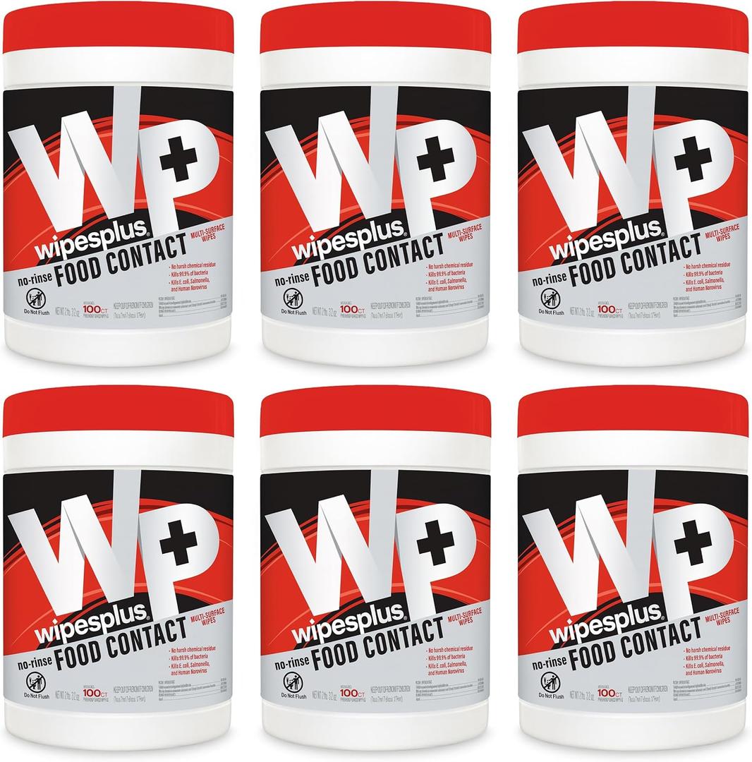 WIPESPLUS Cleaning Wipes All Purpose Food Contact - No Rinse, No Residue, Quick Dry Formula, Disinfecting Wipes For Restaurants, Foodservice, Schools - Canister, 100 Count (Pack of 6)
