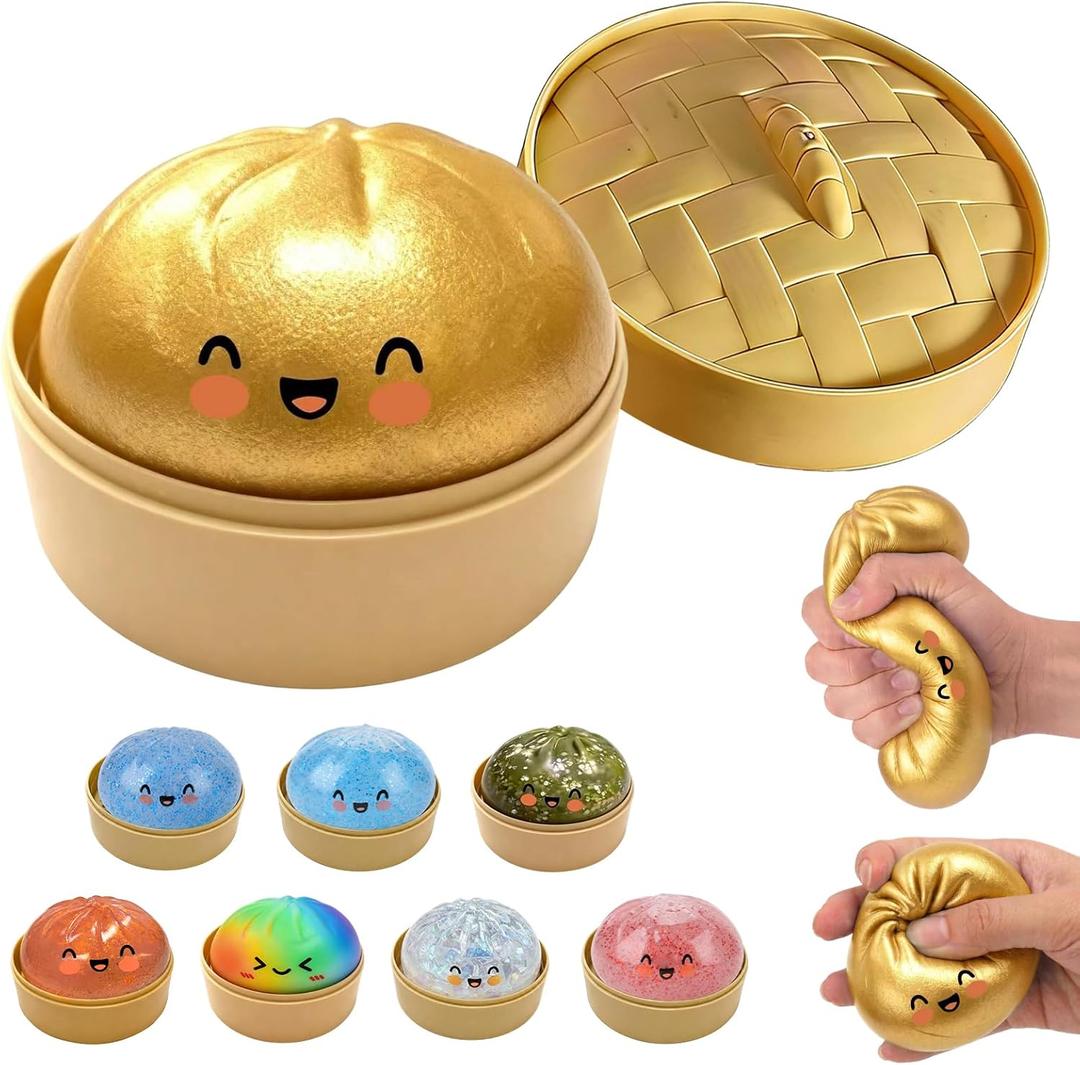 Glitter Dumpling Squishy, New Mystery Glitter Dumpling Squishies Box, Jumbo Squishy Toy with Steamer Box, Colorful Fidget Stress Balls, Soft Squeeze Decompression Dough Sensory Play Toy (Gold)