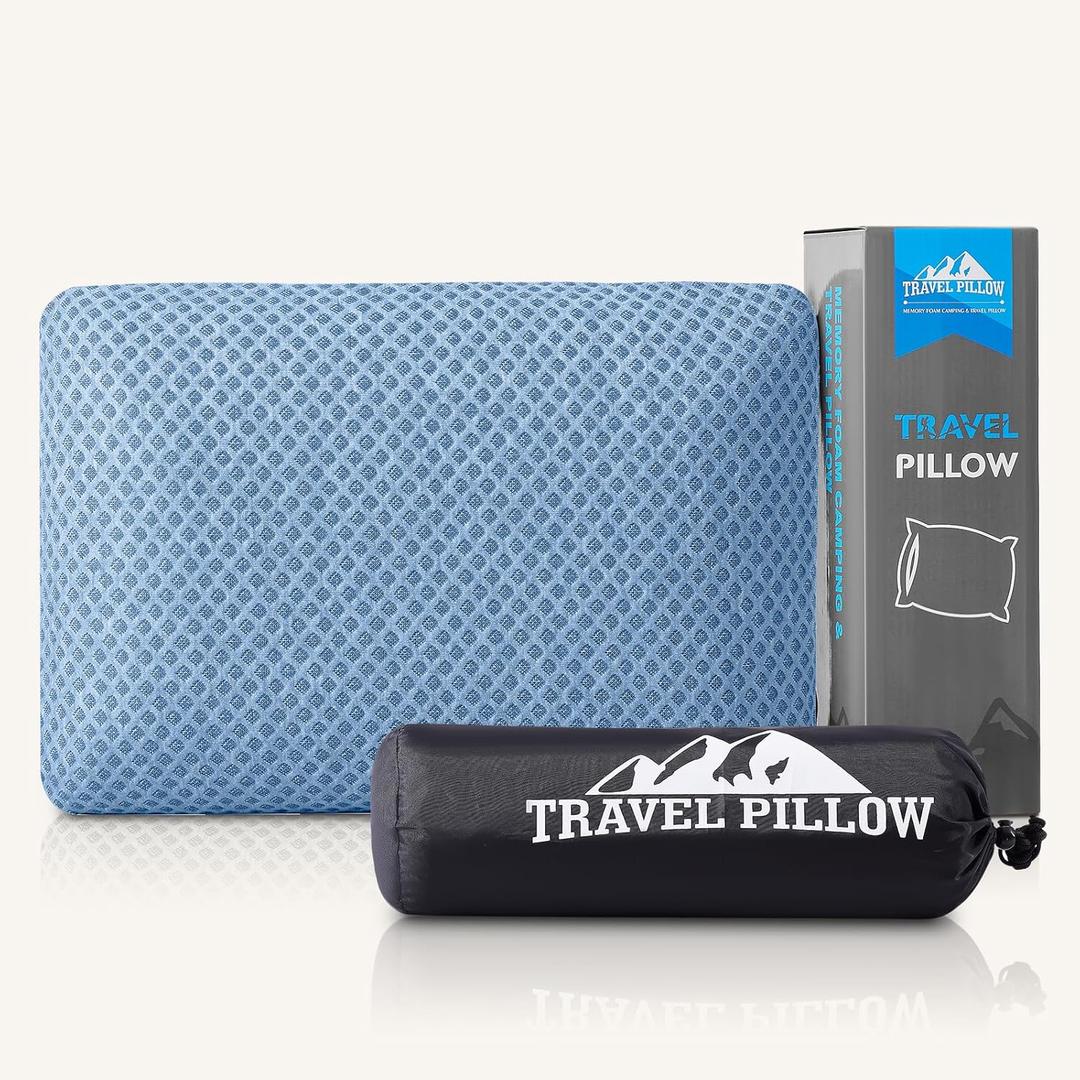 Travel Pillow Memory Foam Pillows, Camping Pillow-Compressible Medium Firm, Breathable Cover, Ideal Backpacking Hiking, Bed Pillows, Airplane and Car (Blue, S) (S-15.7*9.8in)