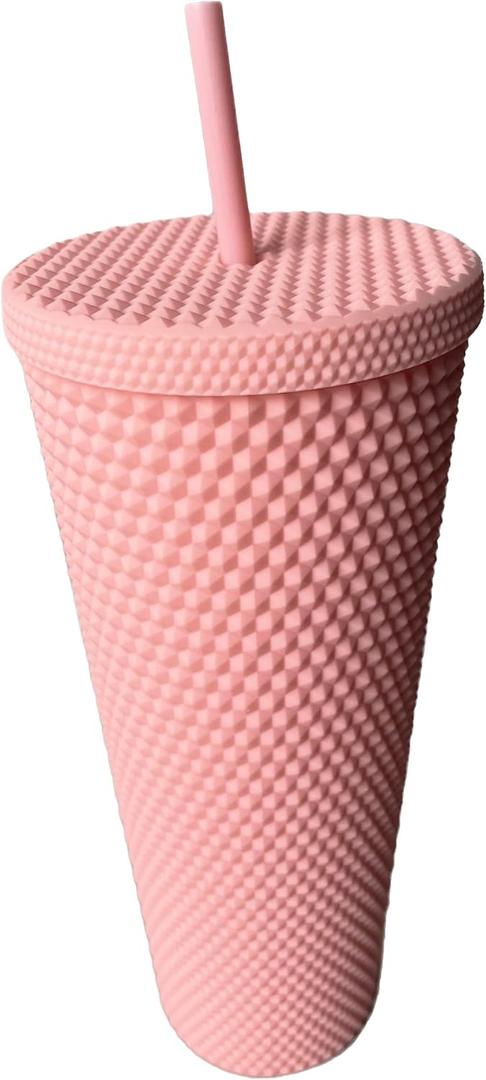 MIE Matte Studded Venti Tumbler, 24oz Insulated Double Wall Cold Cup with Lid and Straw, BPA-Free Plastic Diamond Mug, Coral