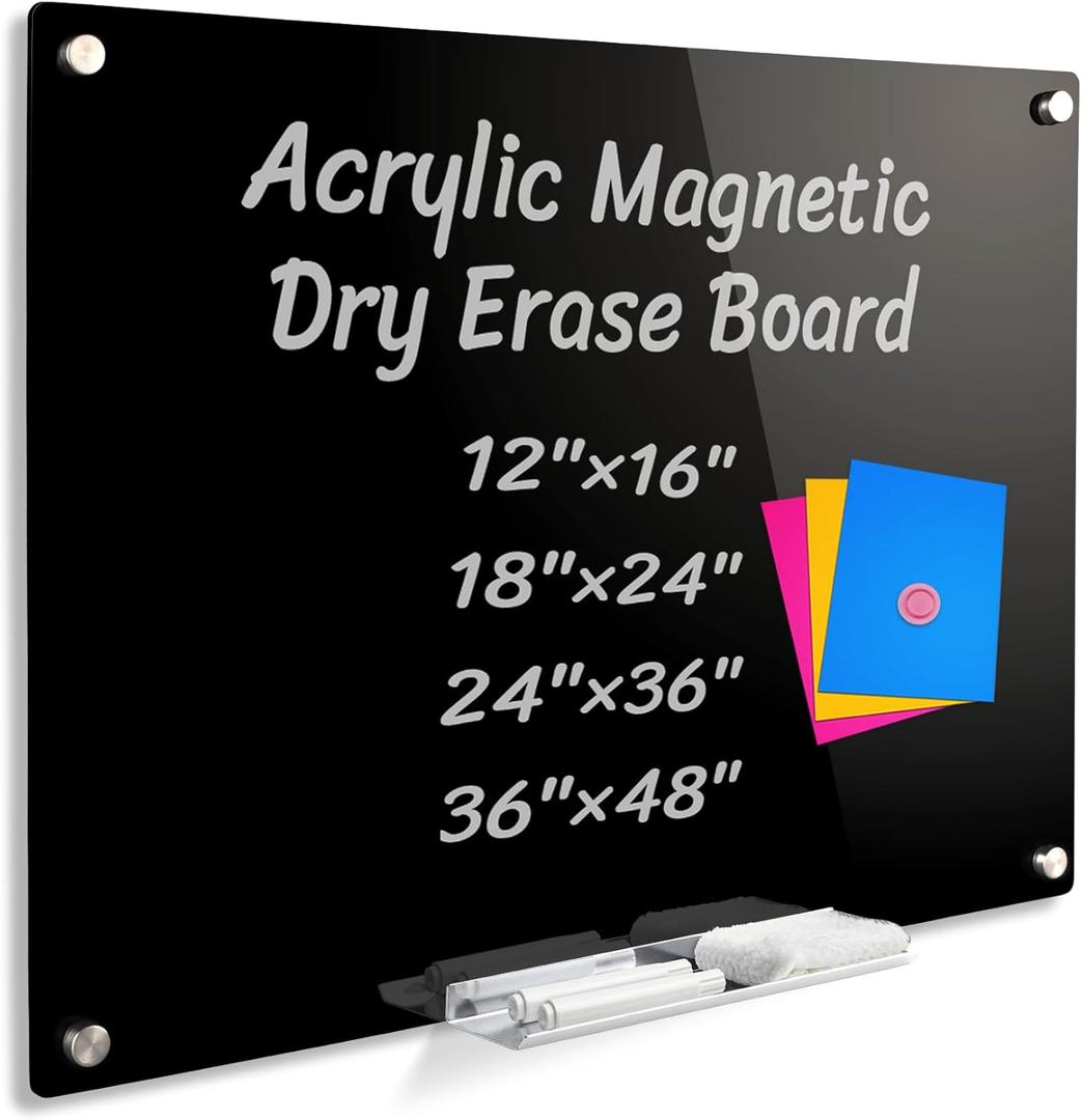 Acrylic Black Magnetic Dry Erase Board for Wall, White Board 12x16, Frameless Magnetic Dry Erase Board for Office, Classroom and Home/for Kids, Students, Adults. 3040B
