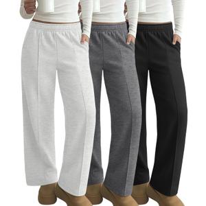 Neer 3 Pack Women's Wide Leg Sweatpants Baggy High Waist Straight Yoga Pants Open Bottom Jogger with Pockets (Medium, Black, Dark Heather Gray, Light Heather Gray)