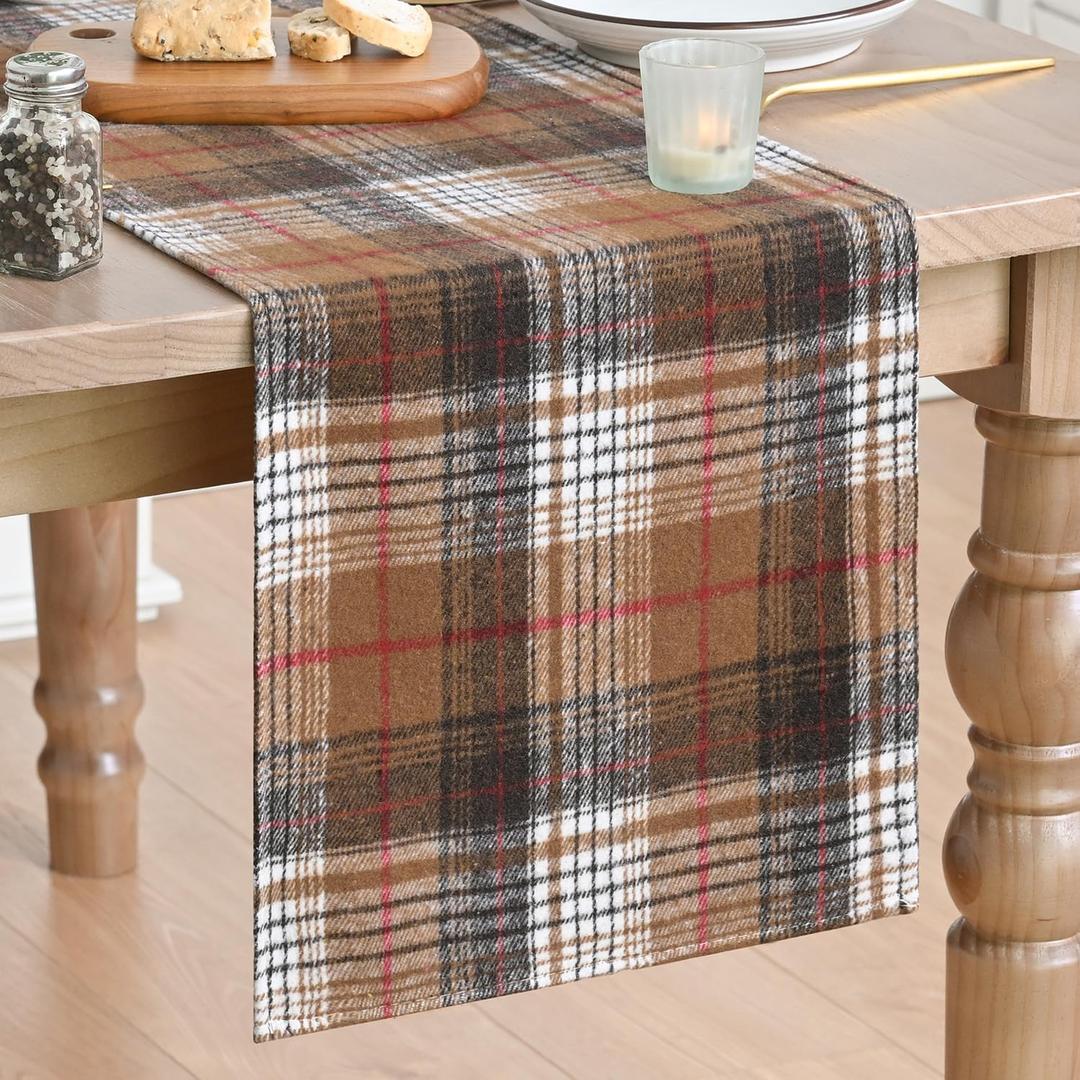 Artoid Mode Coffee Brown Farmhouse Plaid Retro Fall Table Runner, Thanksgiving Rustic Holiday Check Kitchen Dining Table Decoration for Home Party Decor 13x36 Inch