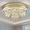 GreeLustr Modern Low Profile Crystal Chandeliers, Large Round Crystal Ceiling Light for Living/ Dining Room, Semi Flush Mount Raindrop Chandelier for Bedroom, Adjustable LED Lights Fixture 20″ 5-Light