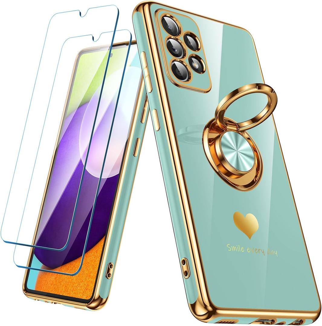 For Samsung Galaxy A52 5G/4G Case with 2 Pack Screen Protector, 360 Rotatable Ring Holder [Luxury Hearts Pattern] Plating Gold Edge Slim Soft Phone Cover Case for Galaxy A52 - Mint