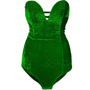 Clothink Women's Burgundy Sexy Plunge Neck Strapless Cross Back Velvet Bodysuit, Size L