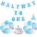 Pink Half Way To One Banner with Balloons - 6 Months Birthday Decorations for Baby Girl, Includes Cake Topper & 1/2 Birthday Hat, Photo Backdrop Wall Hanging, Half Year Party 
blue