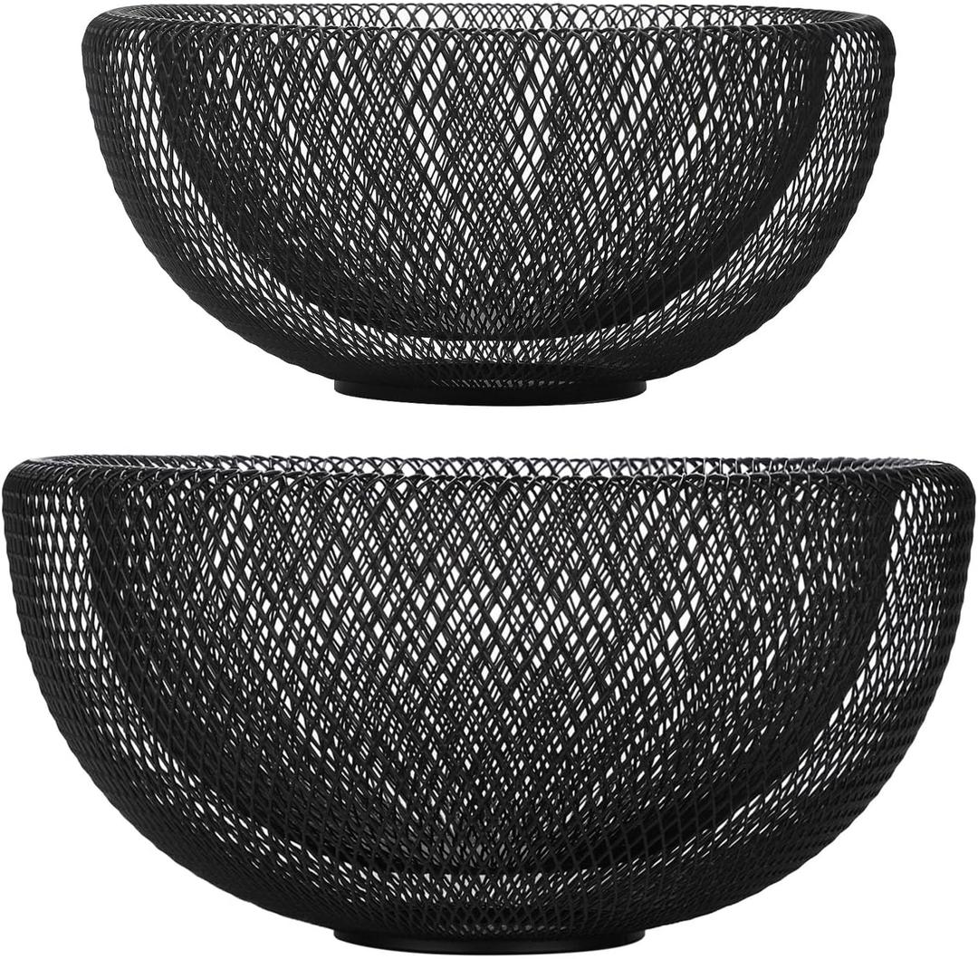 IBWell Metal Wire Woven Fruit Storage Bowl Basket for Kitchen, Large Black Mesh Fruit Stand, for Apple, Pineapple, Banana, Orange, Lemon, Pear, Strawberry, Watermelon (Black, Normal & Large)