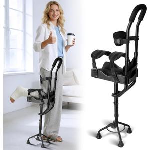 Hands Free Knee Crutch for Adults, Adjustable Kneepad, Four-Corner Non-Slip Base, Lightweight Aluminum, Left/Right Leg Support for Foot & Ankle Surgery Recovery, Crutch & Knee Scooter Alternative