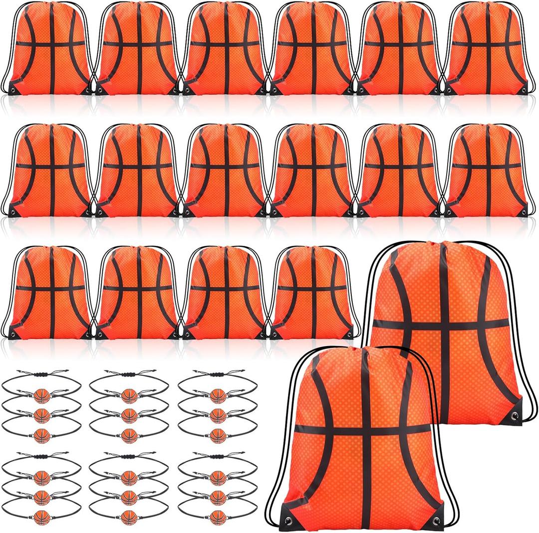 Reginary 18 Pcs Basketball Drawstring Bag and 18 Pcs Basketball Bracelet Bulk, Basketball Goodie Bags Basketball Drawstring Backpack Adjustable Braided Basketball Charm Bracelet for Boys Girls