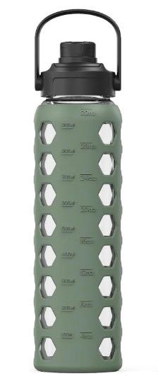 MUKOKO 32oz Glass Water Bottles with 2 Lids-Handle Spout Lid&Bamboo Straw Lid, Motivational Water Tumbler with Time Marker Reminder and Silicone Sleeve, Leakproof-Olive - 1 Pack