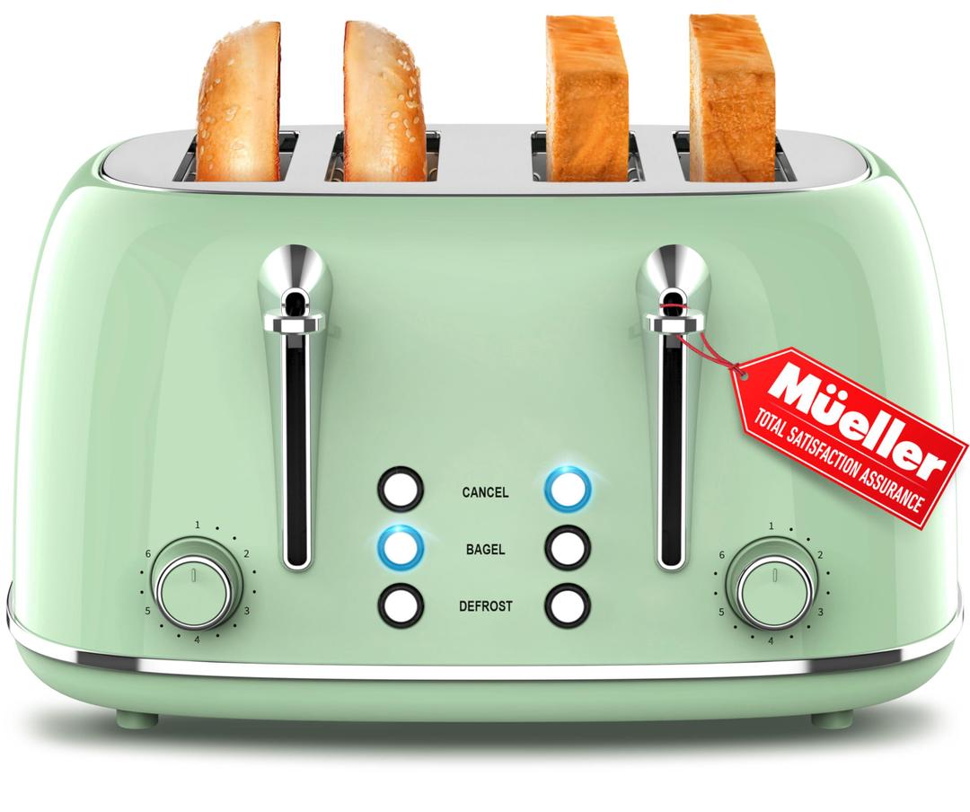 Mueller Retro Toaster 4 Slice with Extra Wide Slots Bagel, Defrost, and Cancel Function, 6 Browning Levels, Dual Independent Controls, Removable Crumb Tray and High Lift Levers, Sage Green