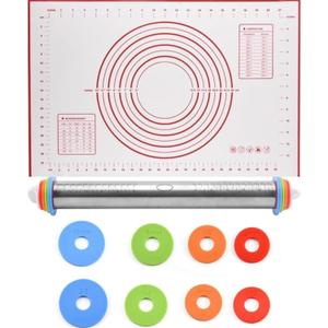 Rolling Pin and Silicone Baking Pastry Mat Set, Stainless Steel Dough Roller with Adjustable Thickness Rings, for Pizza, Pie, Pastries, Pasta, Cookies (Red)