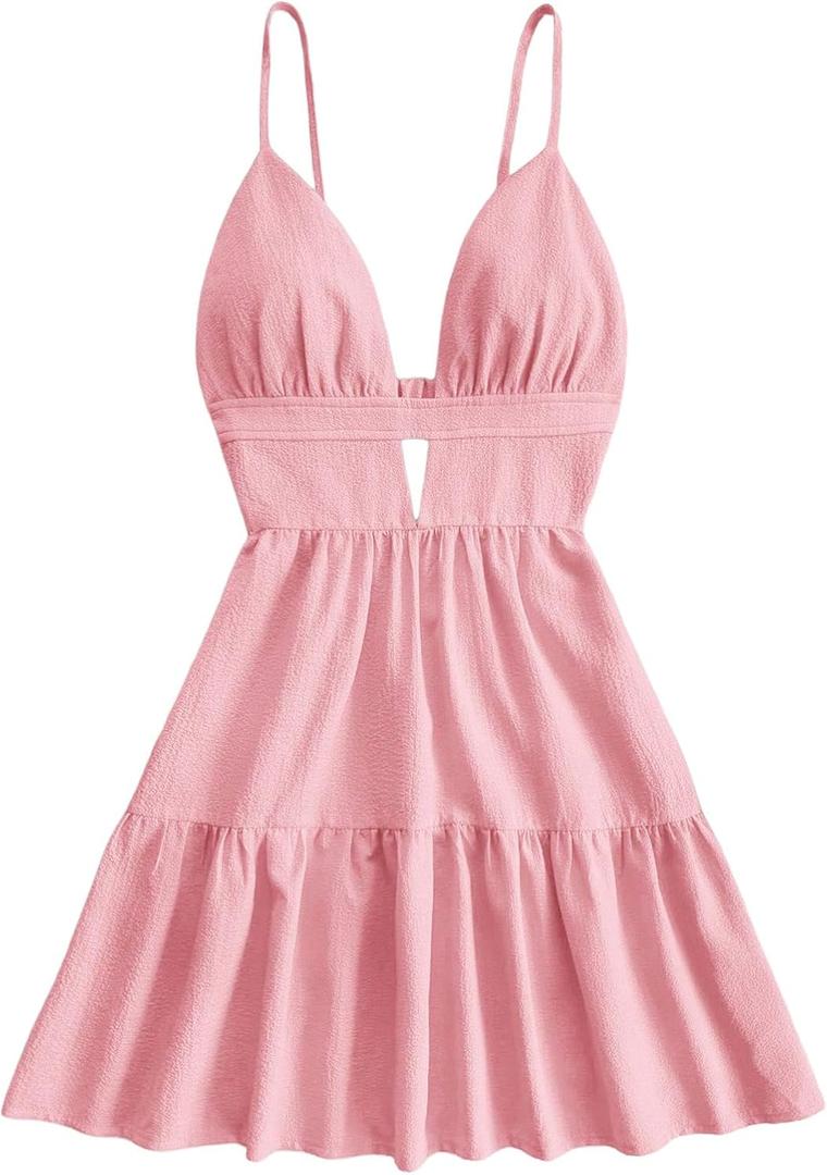 SOLY HUX Women's Summer Mini Dresses Printed V Neck Spaghetti Straps Party Beach Cami Dresses, Large, Solid Pink 