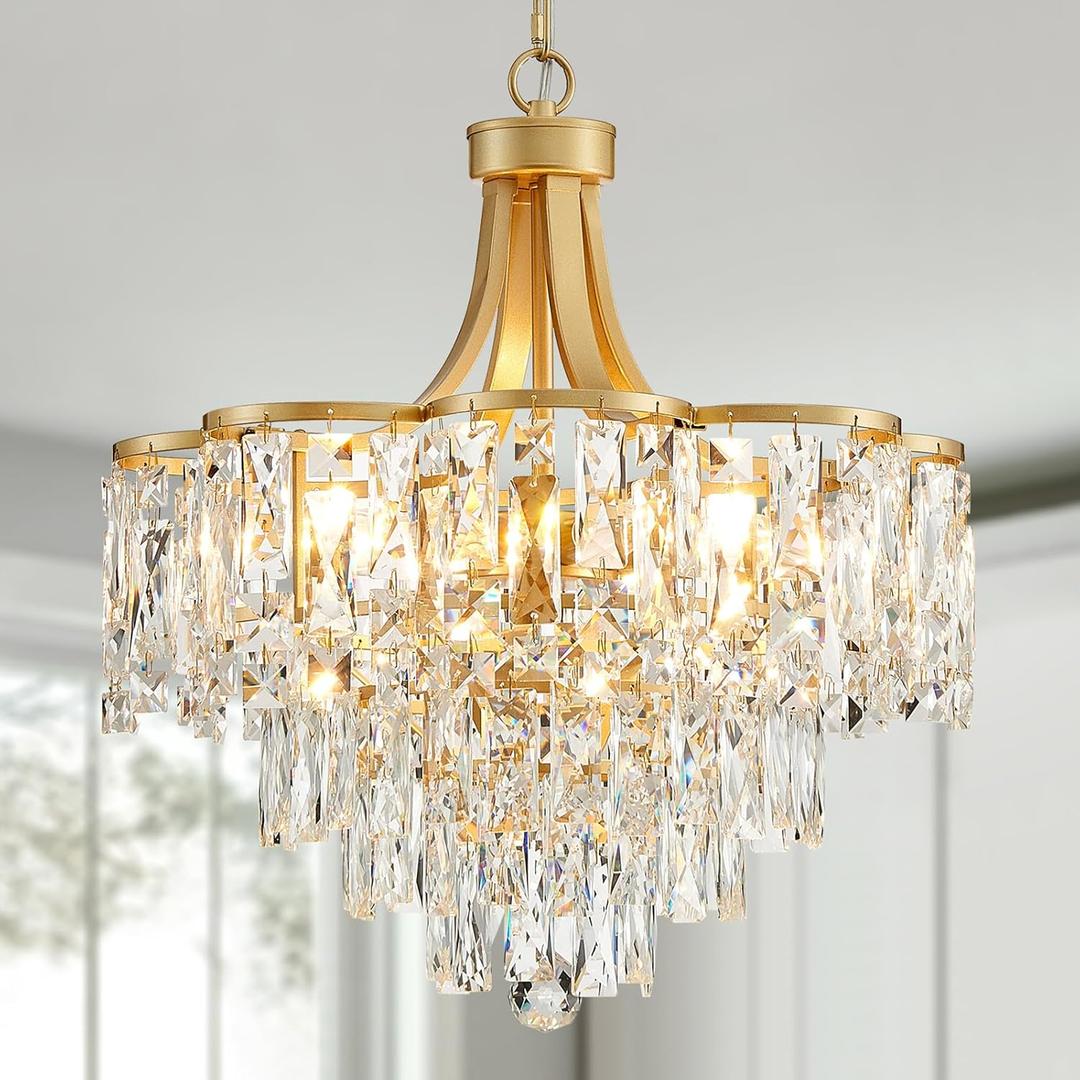WUZUPS Crystal Chandelier Pendant Ceiling Light Modern Lighting Fixture for Bedroom Hallway Entry Kitchen Bathroom, H 21.1" x W 19.3", E12 Base, Gold, Pendant Light, 21.1" High 19.3" Wide