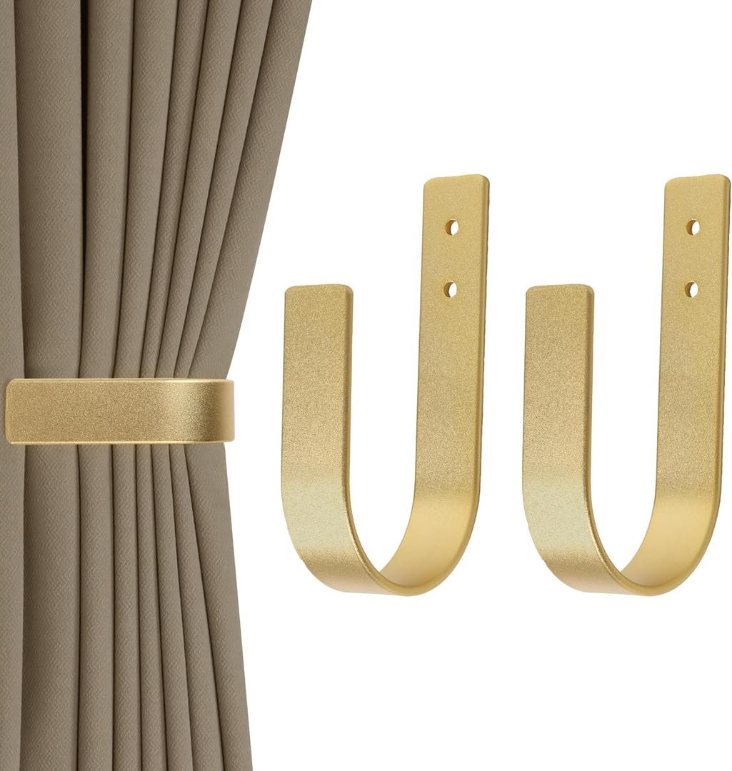 2 Pack Modern Curtain Holdbacks Curtain Tiebacks Wall Mount Solid Aluminum U Shaped Curtain Wall Hooks Curtain Pull Backs Curtain Holders Curtain Tie Backs for Curtain (2, Gold)