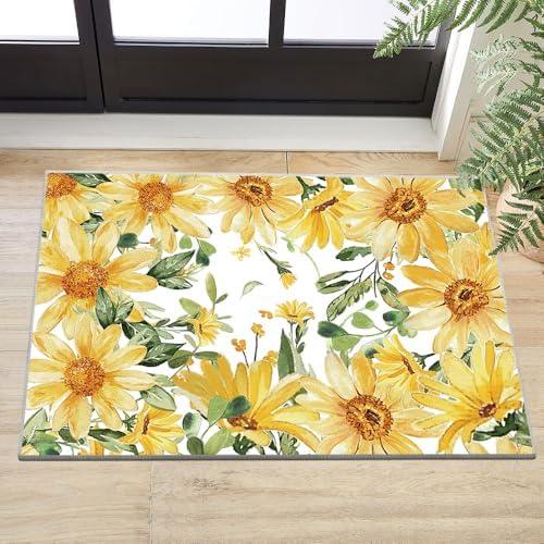 Artoid Mode Daisy Sunflower Leaves Spring Area Rug, Summer Bath Rug Home Decor Low-Profile Non-Slip Washable Mat for Entryway Bedroom Bathroom Laundry Room Indoor 2x3 Feet