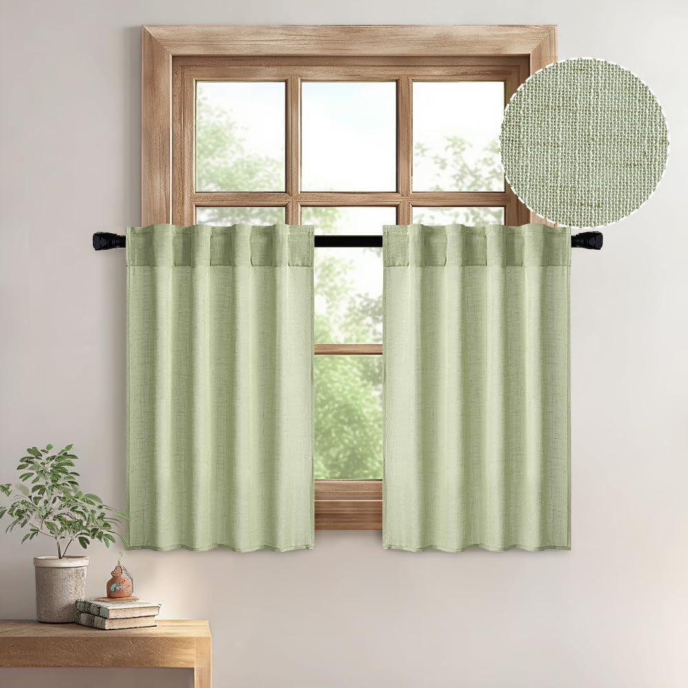 MIULEE Sage Green Kitchen Curtains 24 Inch Length 2 Panels, Soft Thick Linen Textured Semi Sheer Light Filtering Short Cafe Tier Curtains for Small Half Window Bathroom Laundry Back Tab Rod Pocket (26"W x 24"L (Pack of 2))