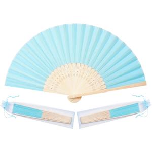 Sepwedd 50pcs Blue Imitated Silk Fabric Bamboo Folded Hand Fan Bridal Dancing Props Church Wedding party favors with Organza Bags (1 Count (Pack of 50))