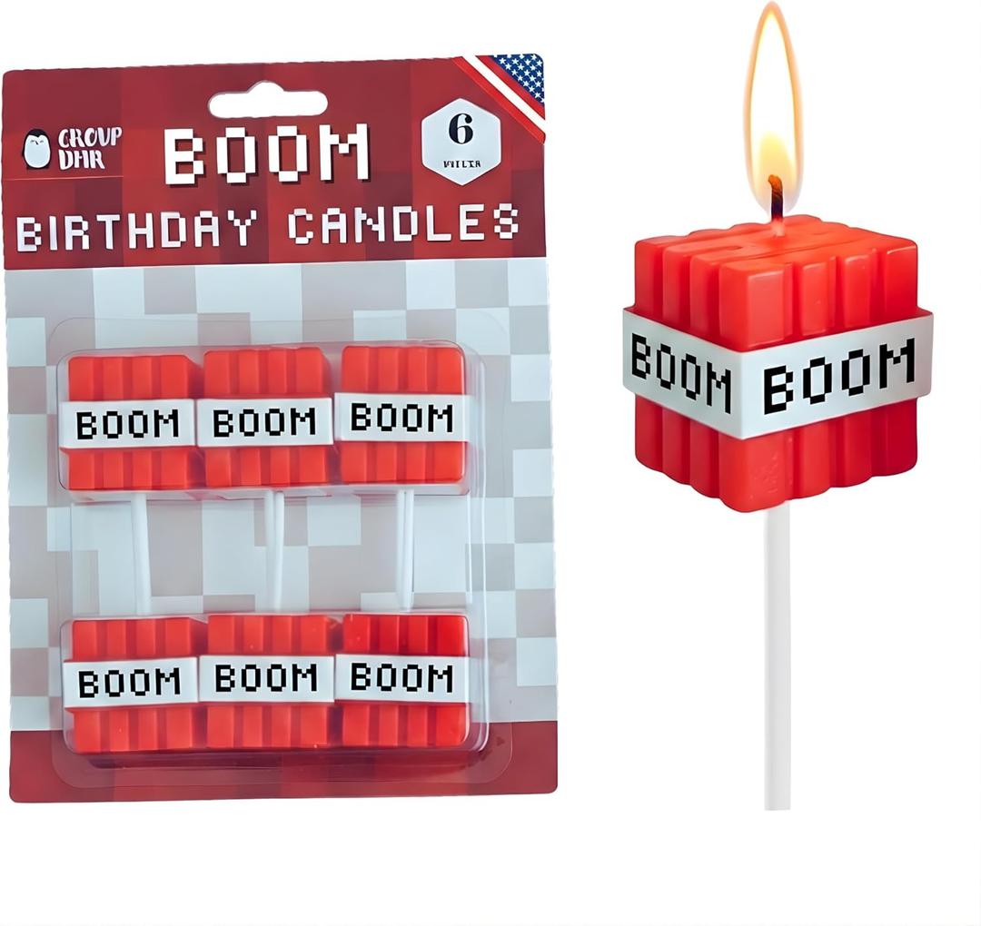 Boom Birthday Candles - 6-Pack | Gamer Themed Cake Toppers | Odorless, Reusable, Protective Base | Perfect for Gamer Birthday Parties & Kids Celebrations