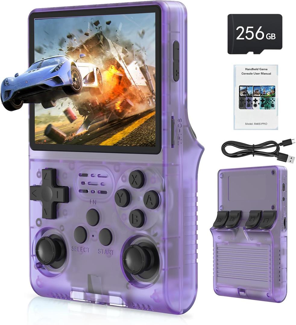 FVBADE 30000 in 1 R40S PRO Handheld Game Console 3.5 inch IPS Screen Mini Retro Console 3800mAh Portable Pocket Arcade 12+ Mainstream Emulator 256G TF Card Transparent